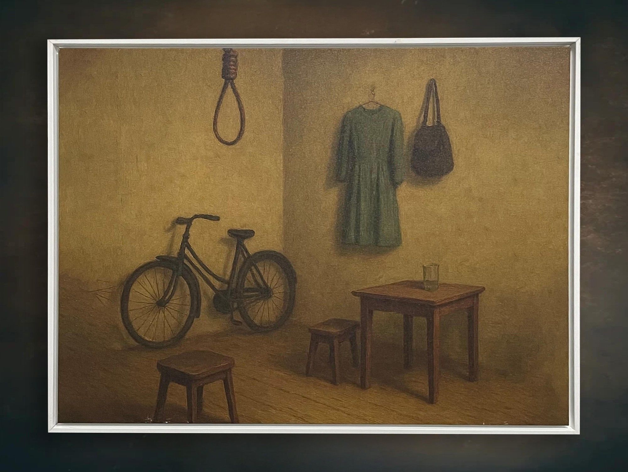 Untitled (The Room That Doesn't Explain Itself) — a surreal still room — a rope, a green dress, a bicycle, a table