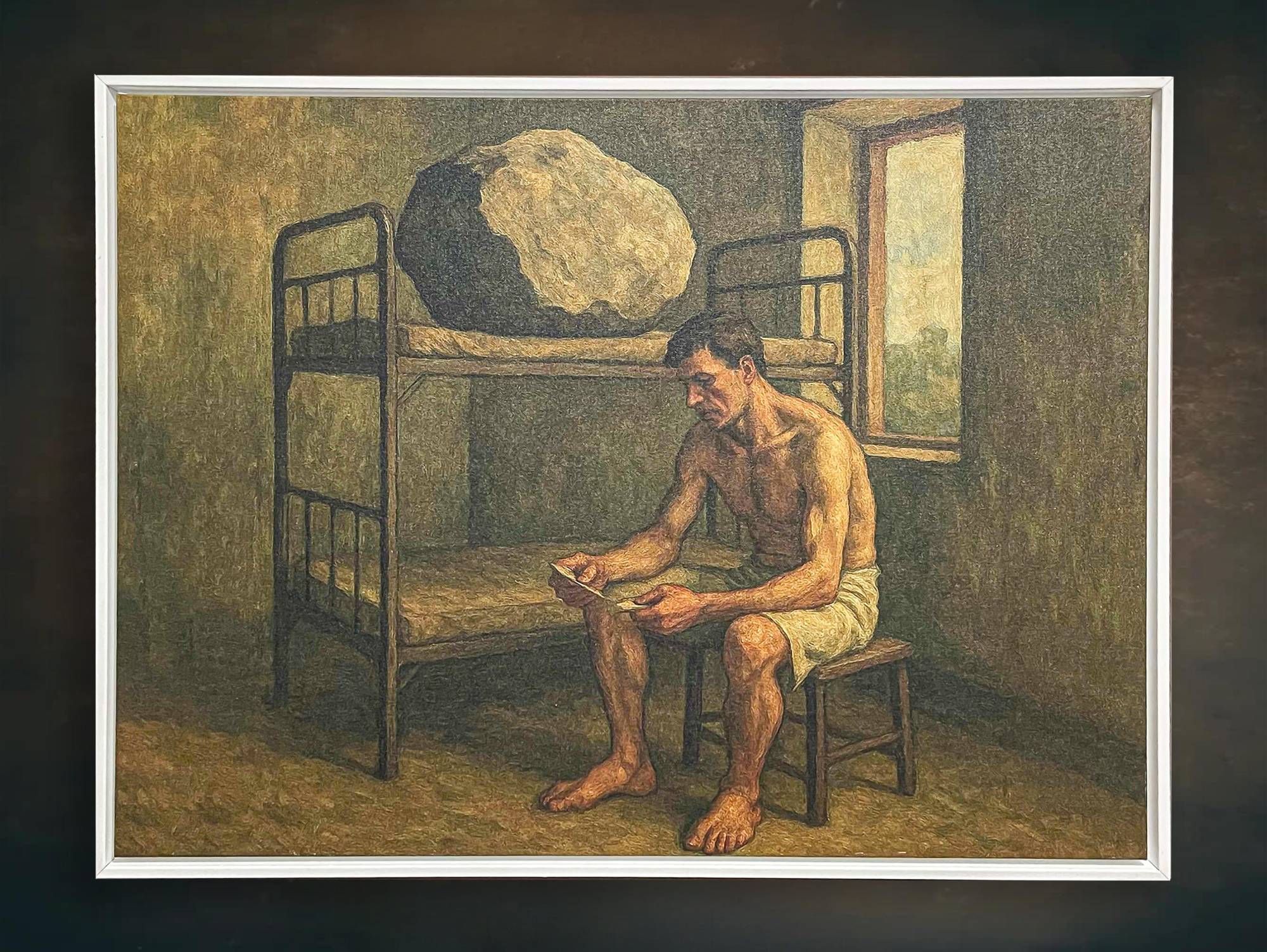 A lean man sits on a stool reading a letter; an enormous pale boulder rests on the bunk where he should sleep; the window is open.