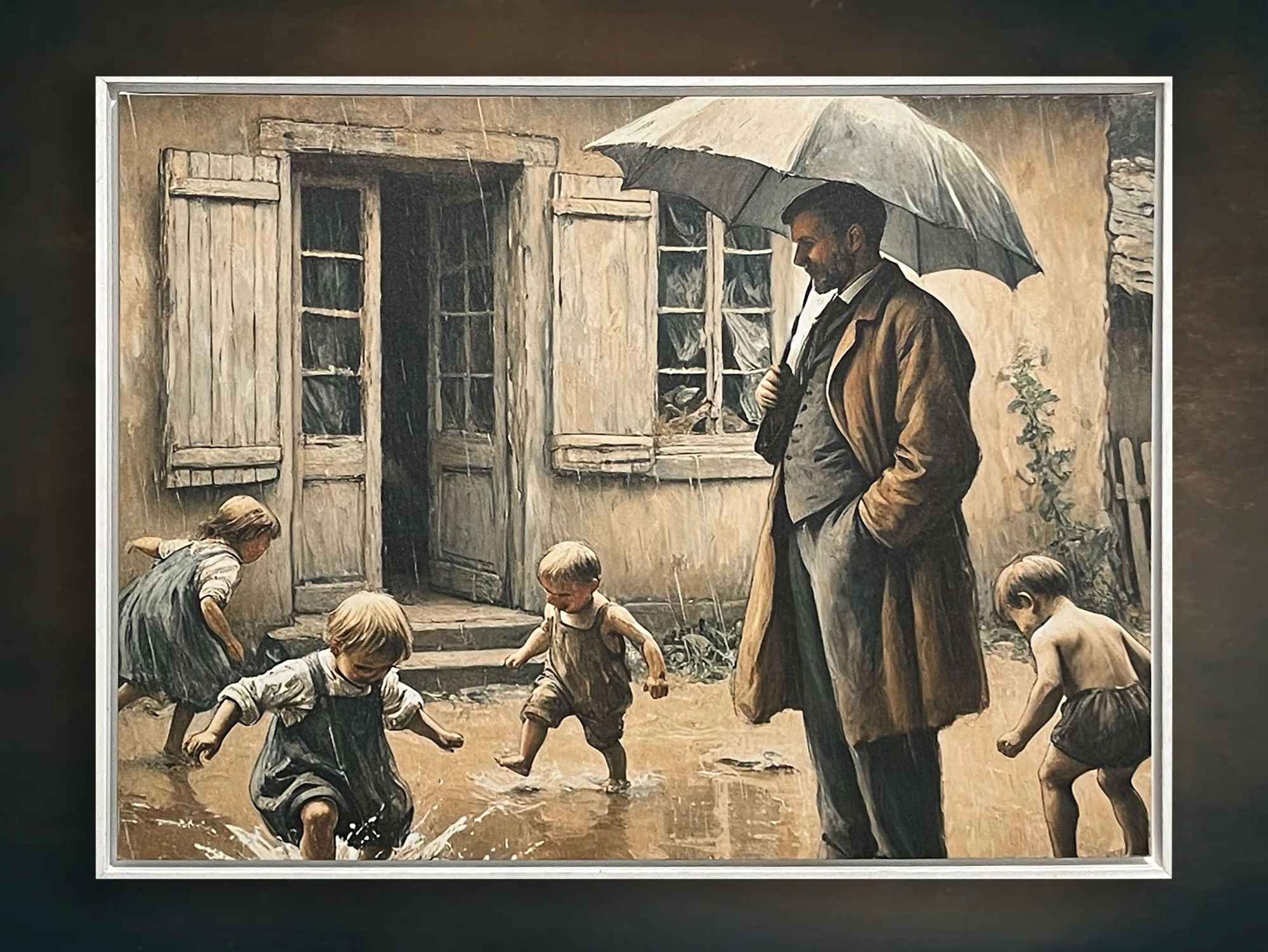 A man under an umbrella watches barefoot children splash through puddles outside an old house.