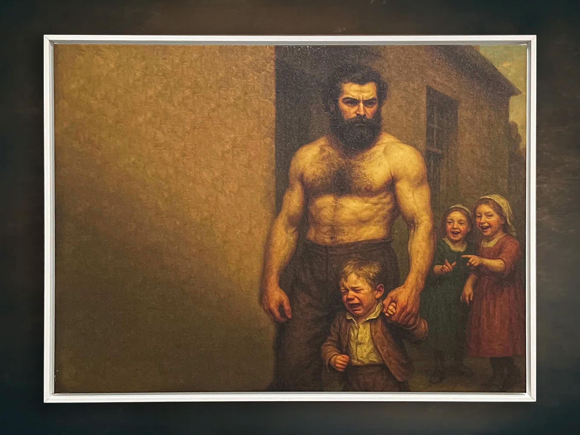 A powerfully built, bearded man stands in silence; a small boy weeps at his hand while two children laugh behind him.